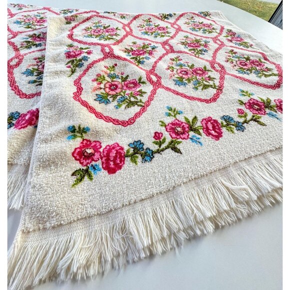 Vintage 70s bath towels, pink floral arabesques beige, fringed, for the pair - Picture 7 of 9